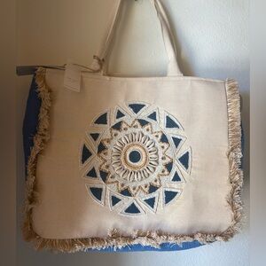 Antik Kraft Cream Canvas Tote with Blue and Gold Embroidery